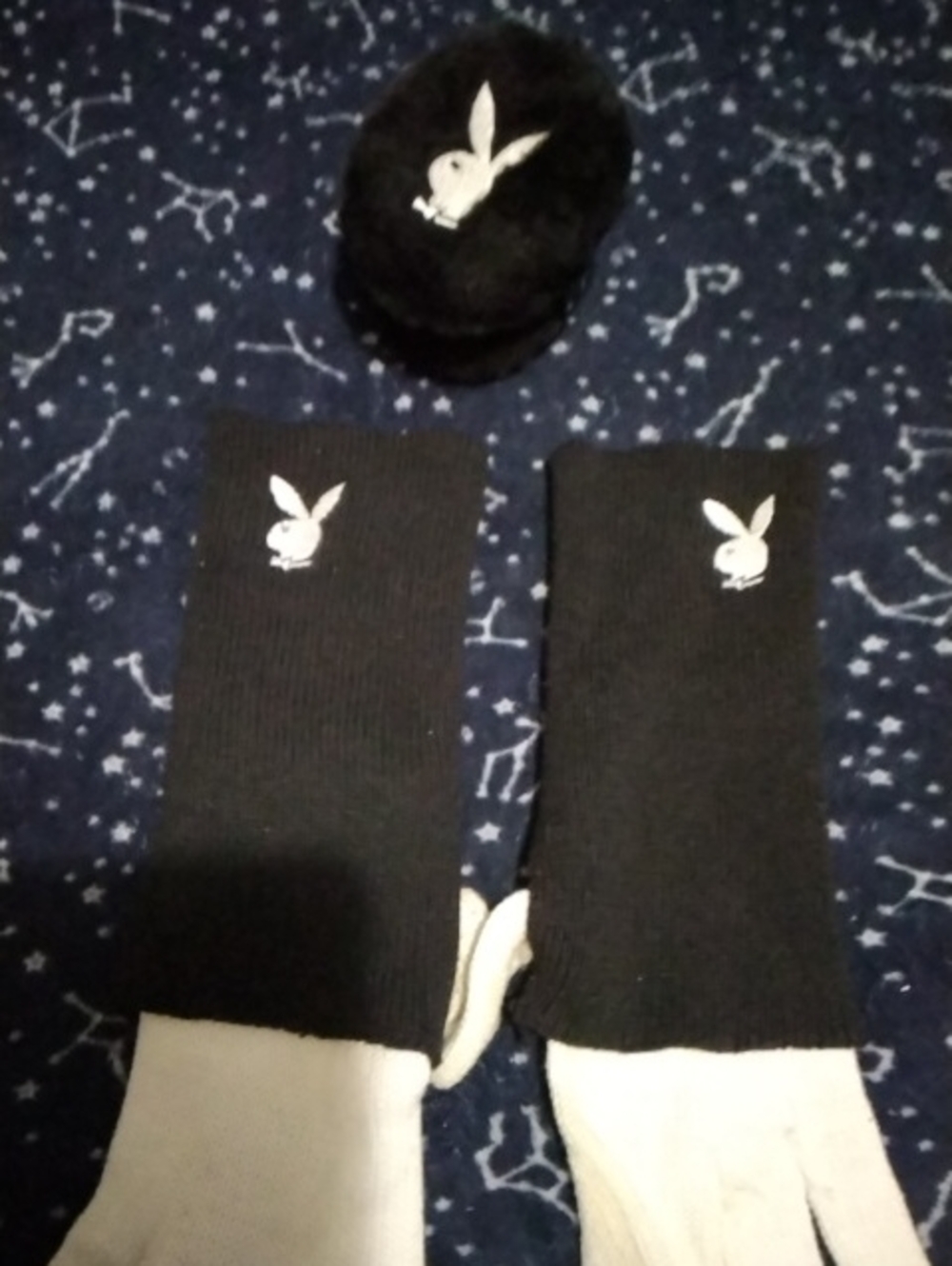 PLAYBOY Black/White Mittens with White Bunny Logo And Earmuffs